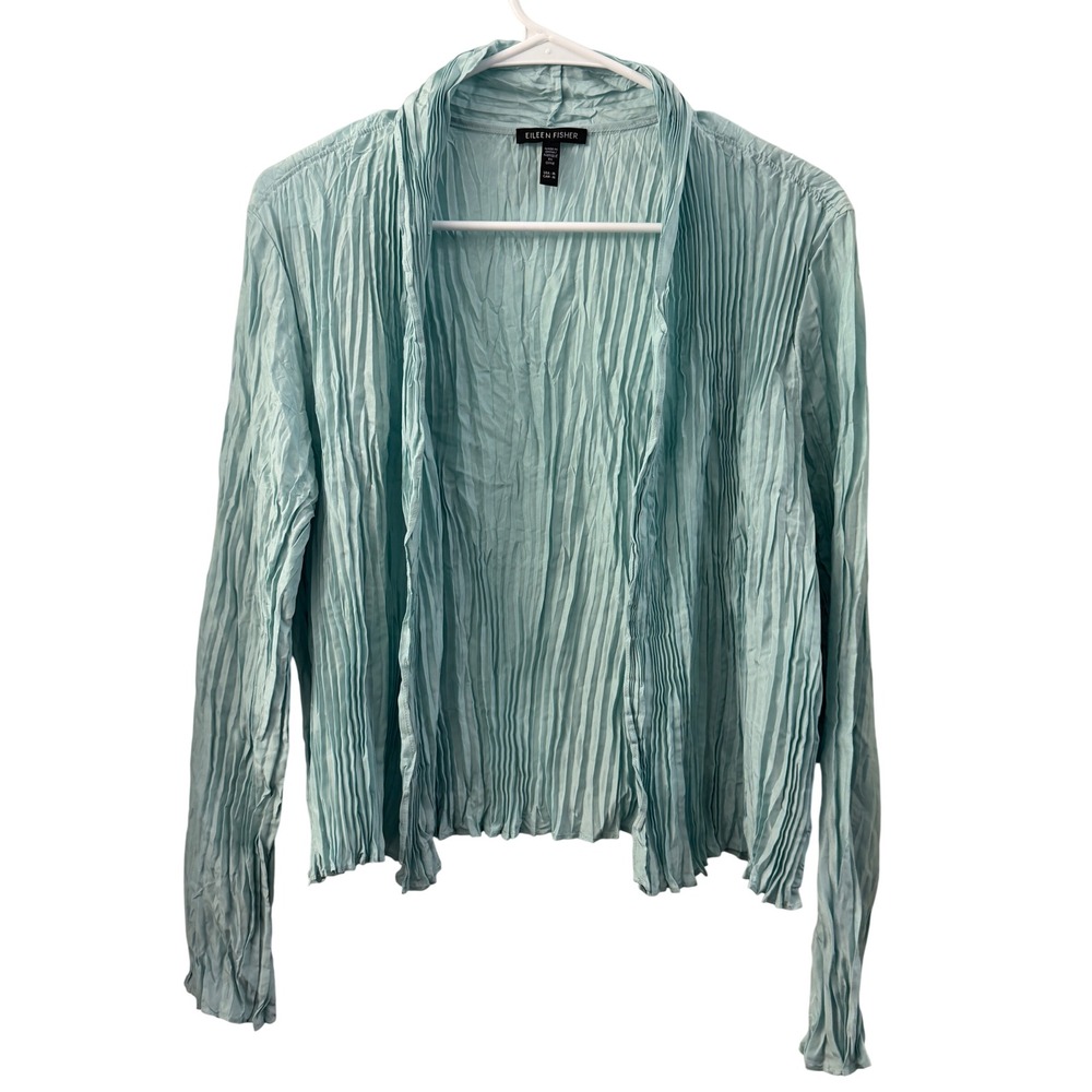 Eileen Fisher Silk Crinkle Open Front Cardigan Light Blue Size Medium M